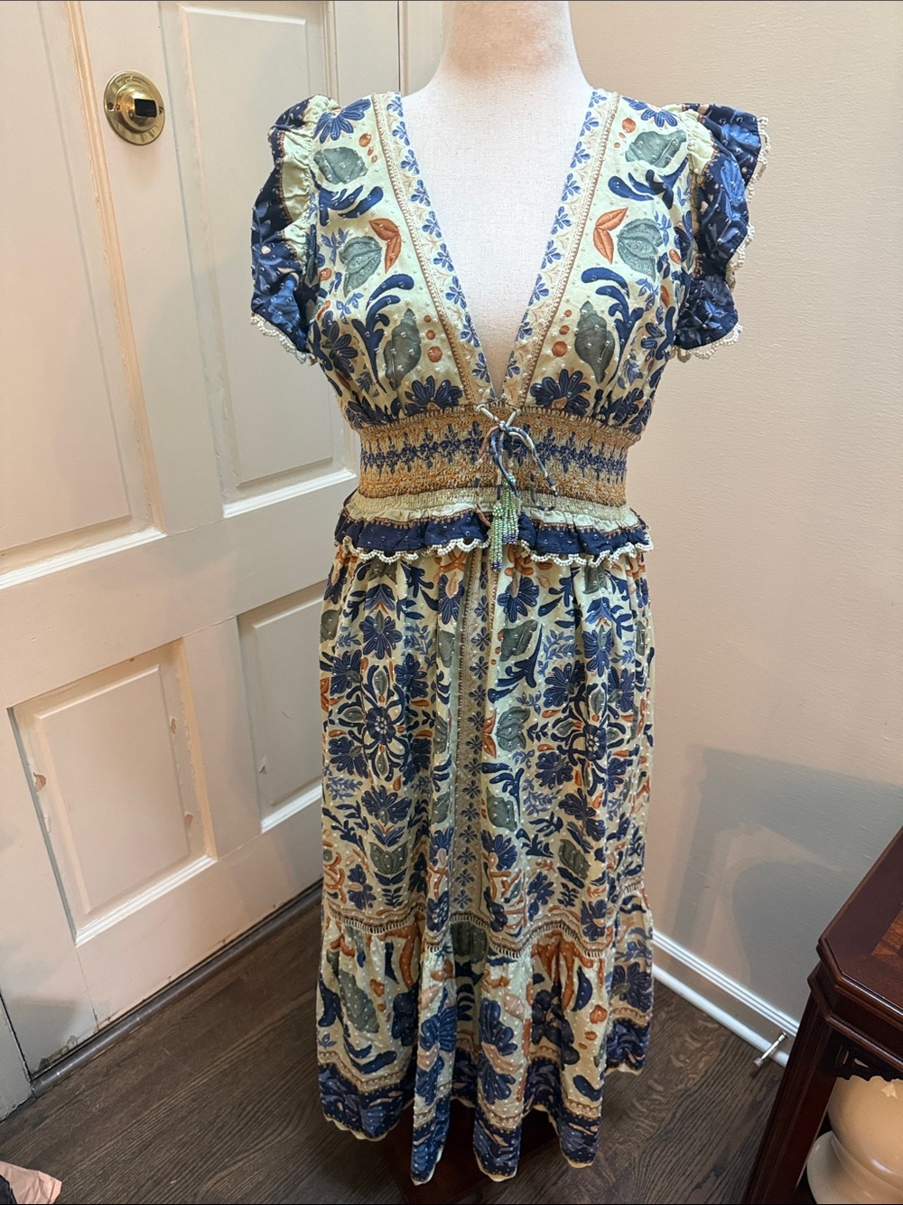 FARM Rio Blue and light green  Floral Tie‑Front Maxi Dress